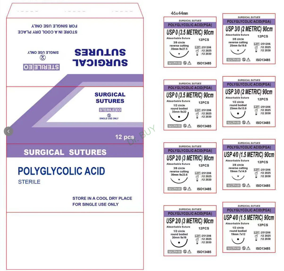 120 unidades de suturas absorvíveis PGA, sutura cirúrgica de 90cm, agulhas de sutura cortantes reversas 3/8 círculo, sutura USP0/2-0/3-0/4-0