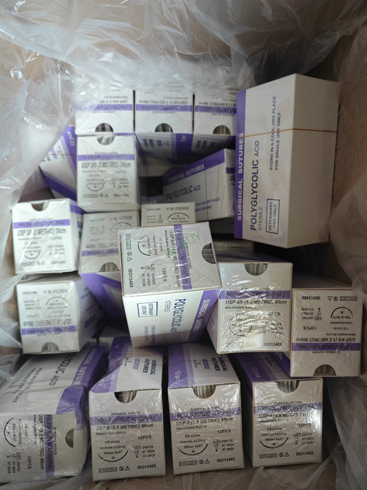 120 pieces PGA Absorbable sutures, 90cm  surgical suture, 3/8 circle reverse cutting suture needles, USP0/2-0/3-0/4-0 suture