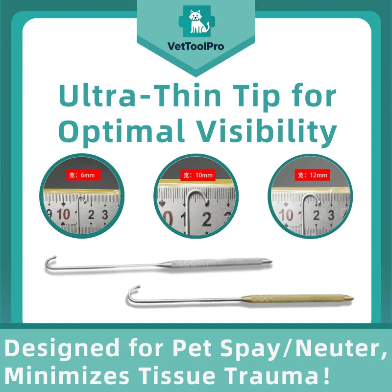Ovarian Retractor - Pet Spaying Hook, Dog/Cat Uterine Surgery, Flat/Round Tip with Gold Handle (6-12mm)