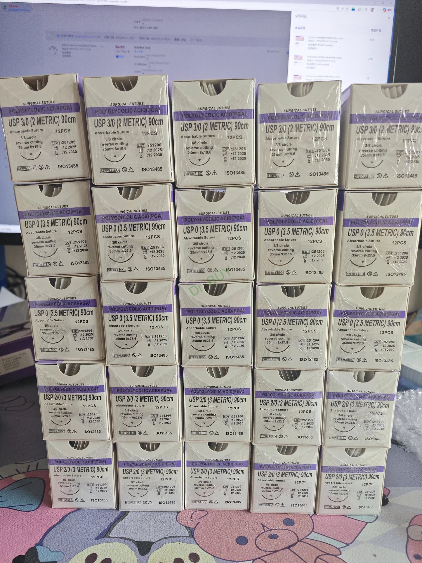 120 unidades de suturas absorvíveis PGA, sutura cirúrgica de 90cm, agulhas de sutura cortantes reversas 3/8 círculo, sutura USP0/2-0/3-0/4-0