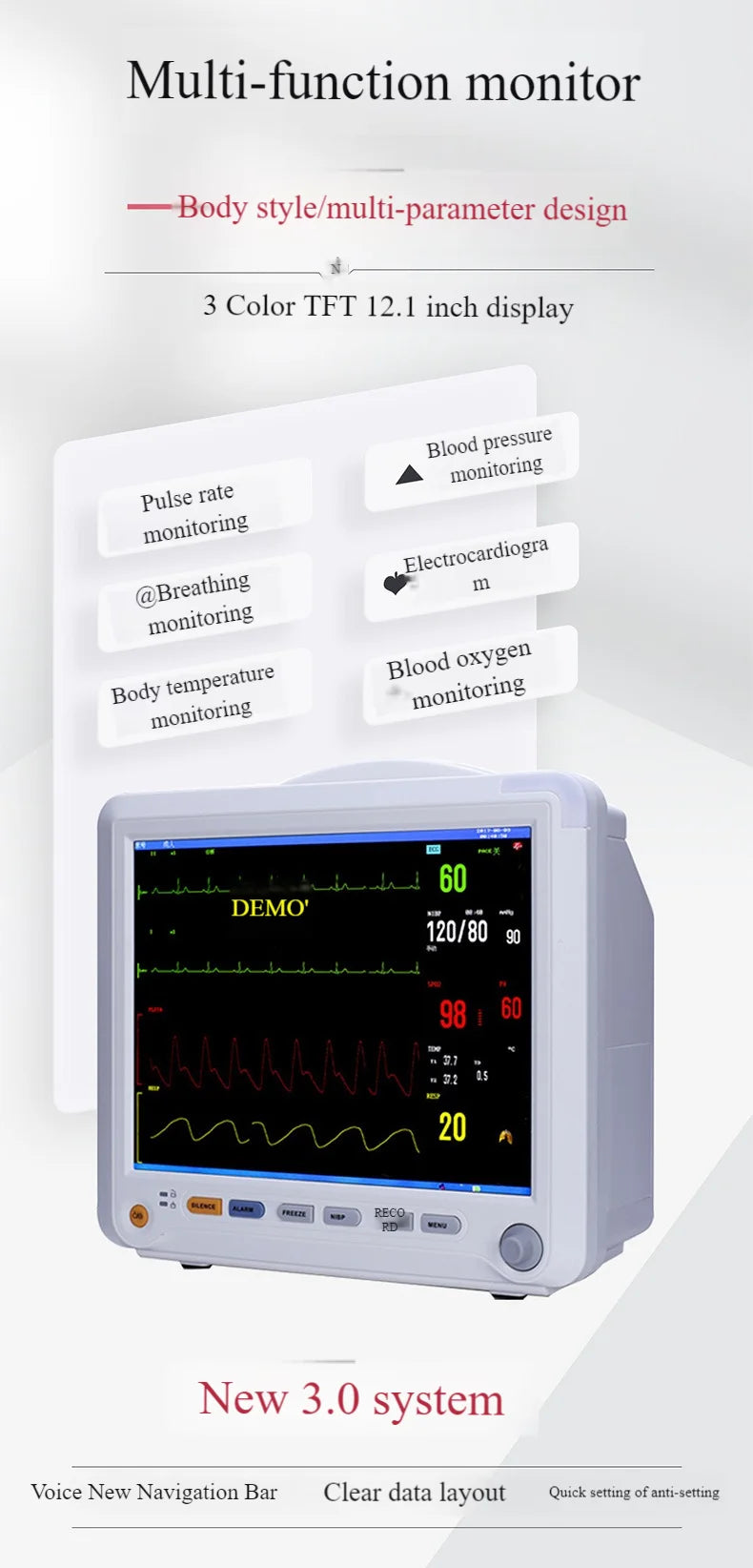Patient multi-parameter monitor, portable multi-function ECG heart rate pulse vital signs monitor