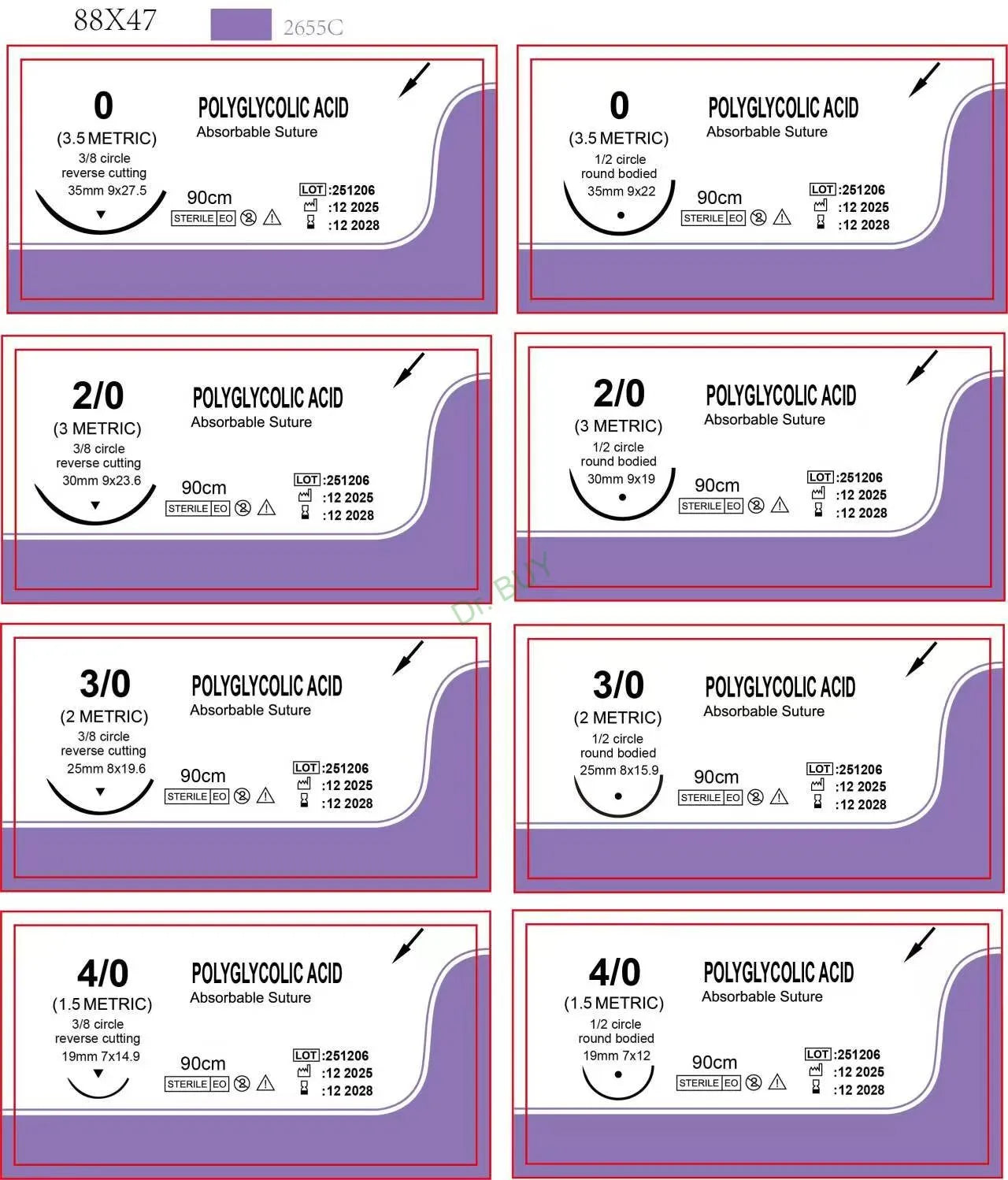 120 unidades de suturas absorvíveis PGA, sutura cirúrgica de 90cm, agulhas de sutura cortantes reversas 3/8 círculo, sutura USP0/2-0/3-0/4-0