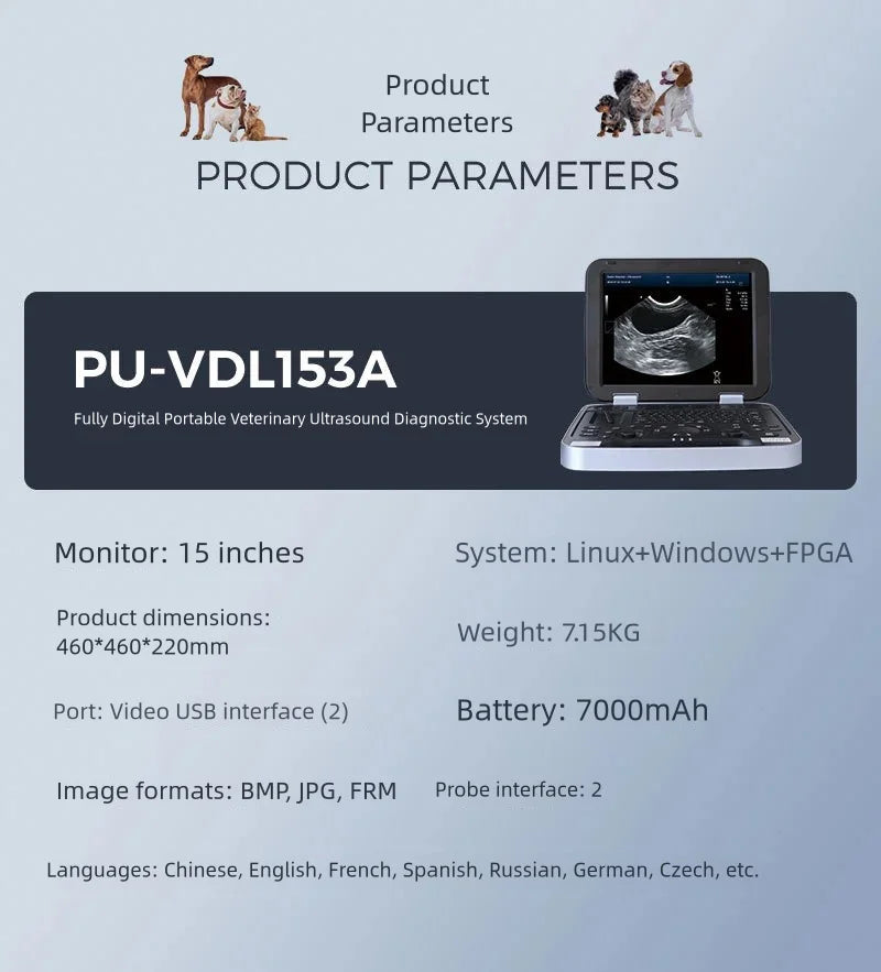 Ecógrafo Doppler Color Veterinario para Mascotas - Escáner Portátil HD con Sonda Múltiple y Batería de Larga Duración