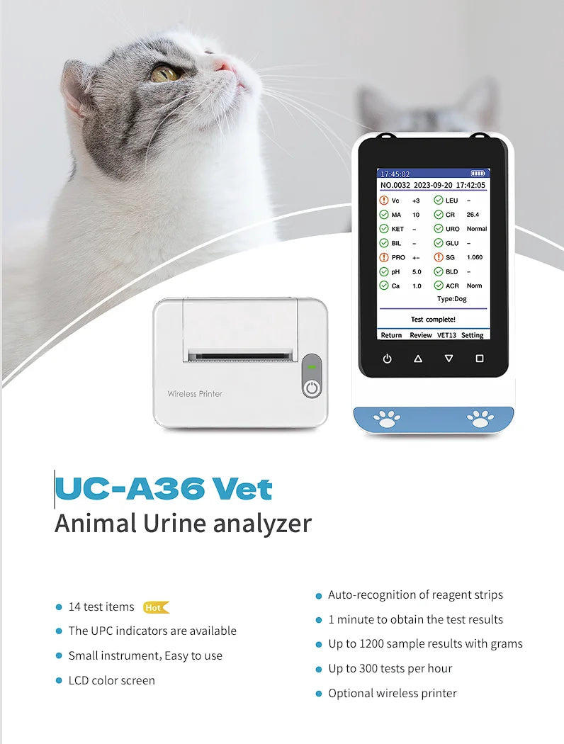 Portable Vet Urine Analyzer - UPC | 4-Wavelength Tech | Auto pH/Color Adjust |  with urinalysis test strips and Wireless Printer
